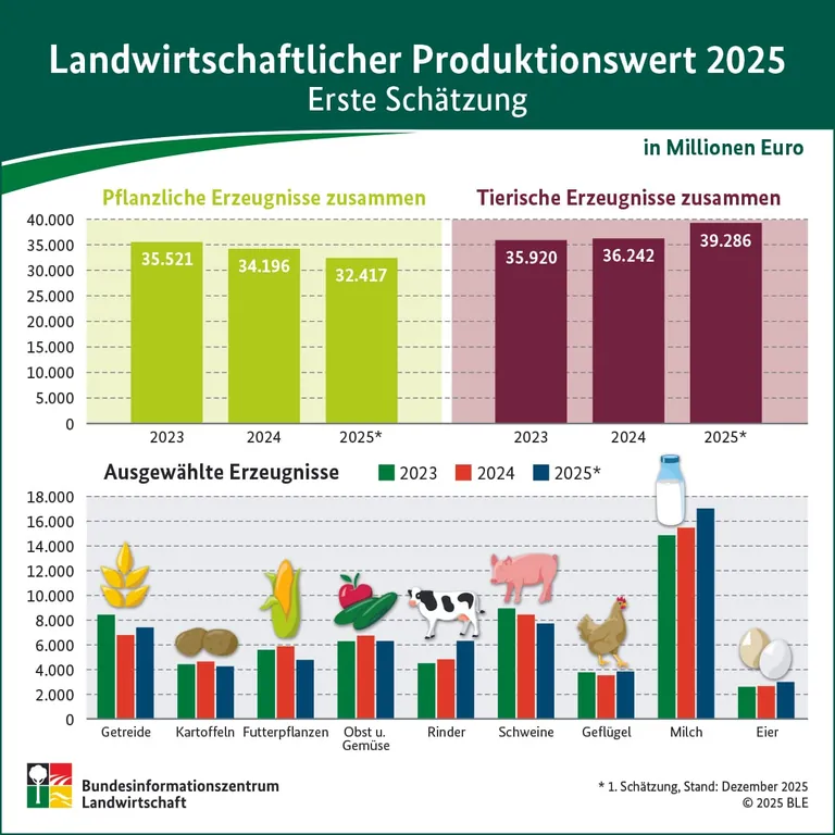 Im Vergleich zu den Vorjahren ist der Produktionswert 2025 von Rindern gestiegen, der von Schweinen dagegen gesunken.