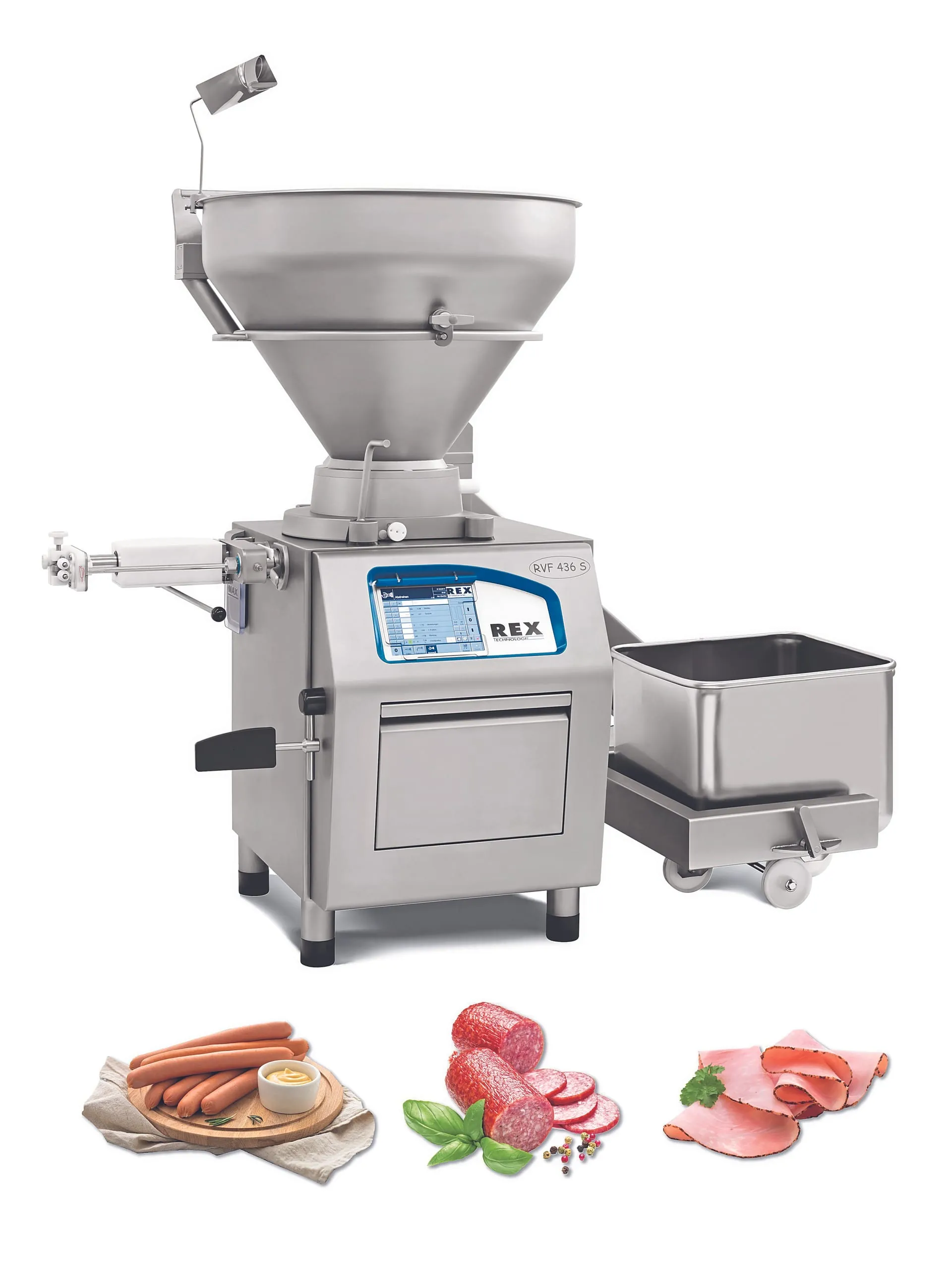 Der RVF 436 S, hier mit Hebe-Kippvorrichtung, ist ein Allrounder für moderne Fleischverarbeitung. Rex Thalgau